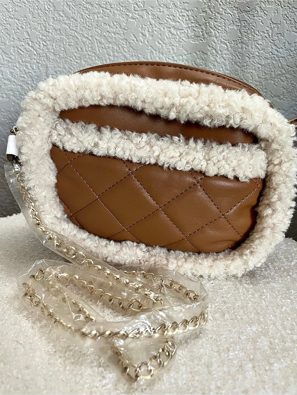 FOREVER 21 Quilted Sherpa Trim Crossbody in Brown & Cream